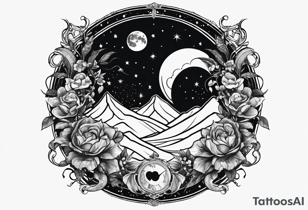 Snakes slithering around the moon phases with hades and Persephone constellations tattoo idea