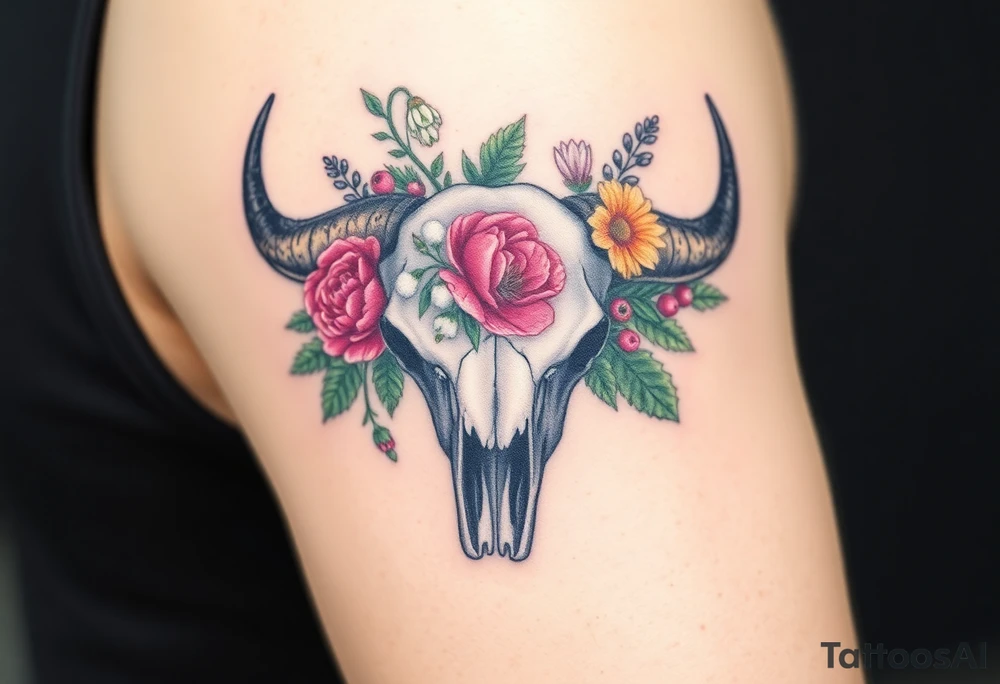 Buffalo skull with flowers. Peony, snowdrop, holly with berries, larkspur, peony. Colour. For upper arm. Masculin. tattoo idea