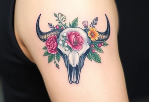 Buffalo skull with flowers. Peony, snowdrop, holly with berries, larkspur, peony. Colour. For upper arm. Masculin. tattoo idea