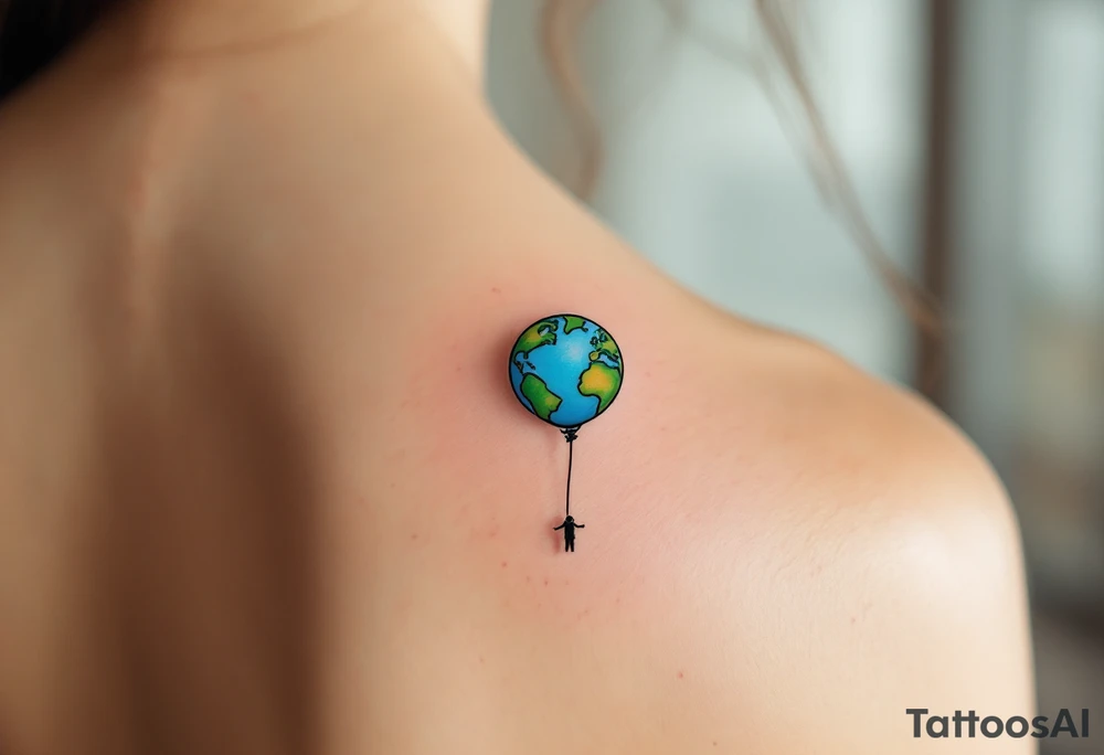 An Earth-shaped balloon in sky blue and grass green floats upward from a black string held by a tiny figure. tattoo idea