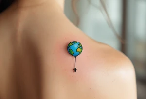 An Earth-shaped balloon in sky blue and grass green floats upward from a black string held by a tiny figure. tattoo idea