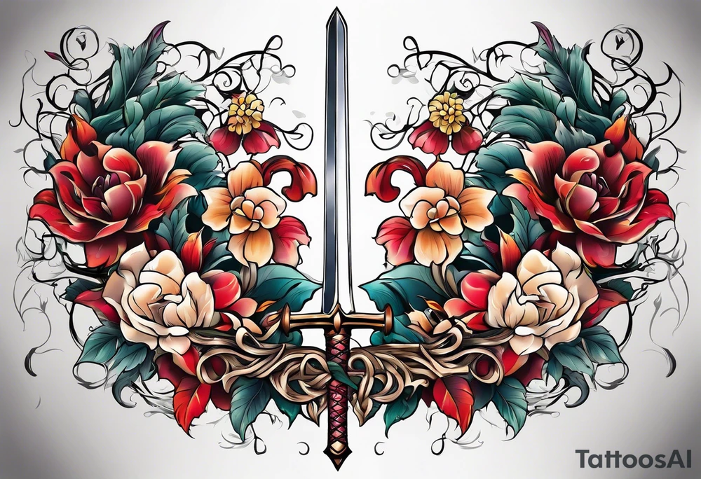 a sword with vines and flowers wrapped around it tattoo idea