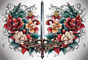 a sword with vines and flowers wrapped around it tattoo idea