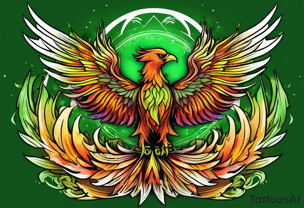 Phoenix Bright colours rising from green flames that destroyed it no green tattoo idea