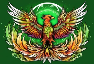 Phoenix Bright colours rising from green flames that destroyed it no green tattoo idea