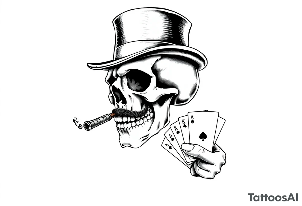 a skull with mustache,top-hat, cigar in his mouth and playing cards in a hand. tattoo idea