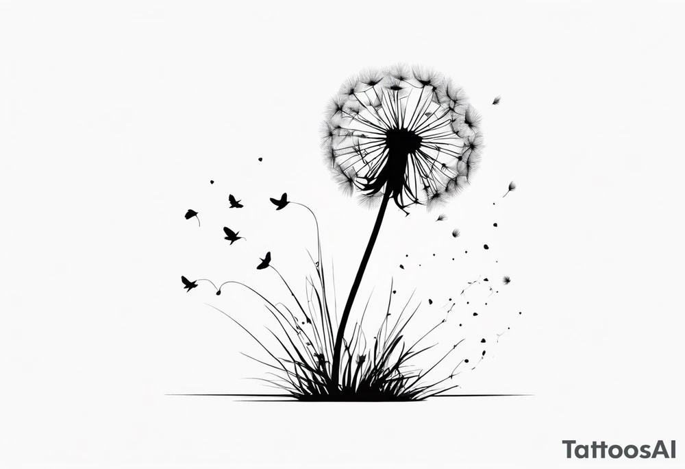Dandelion with its ligules blowing away, a few legs are tiny hearts, the girls turn into a little bird, flying away to its future tattoo idea