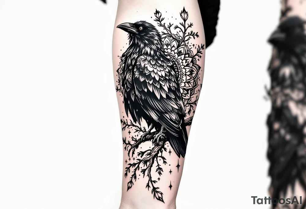 left arm tattoo of a raven on a branch surrounded by mandala tattoo idea
