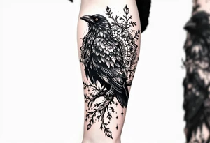 left arm tattoo of a raven on a branch surrounded by mandala tattoo idea