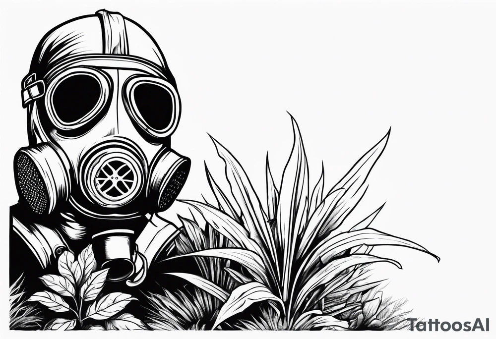 a dying plant in dirt with a gasmask next to it tattoo idea