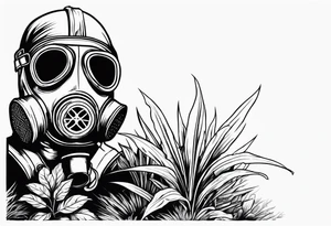 a dying plant in dirt with a gasmask next to it tattoo idea