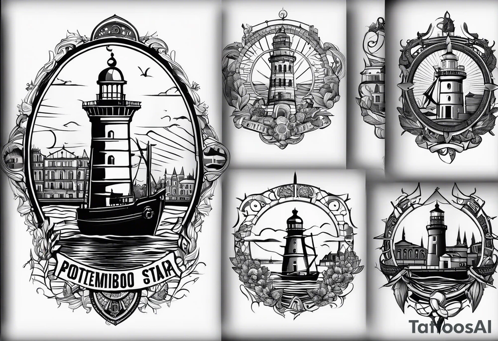 This tattoo depicts the city of Odesa. The main symbols of this city are a ship's wheel, a lighthouse, the Potemkin Stairs, and the sea. The placement of the tattoo is on the front of the thigh. tattoo idea