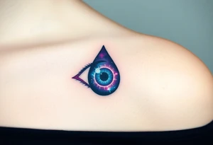 Teary eye with a teardrop with a galaxy swirling inside, in a gradient from violet to indigo tattoo idea