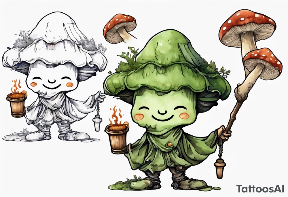a mushroom person with a smiling moss face wearing a medieval tunic drinking from a wood cup tattoo idea