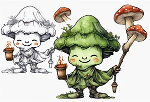 a mushroom person with a smiling moss face wearing a medieval tunic drinking from a wood cup tattoo idea