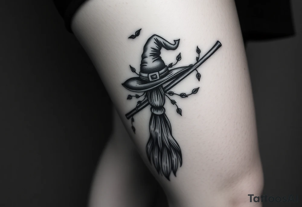 Which is broom with handle
 a witches hat with vines and feathers 
Smaller broom with hat placed on top or in the middle
Feminine and on a leg tattoo idea
