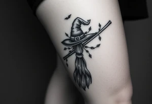 Which is broom with handle
 a witches hat with vines and feathers 
Smaller broom with hat placed on top or in the middle
Feminine and on a leg tattoo idea