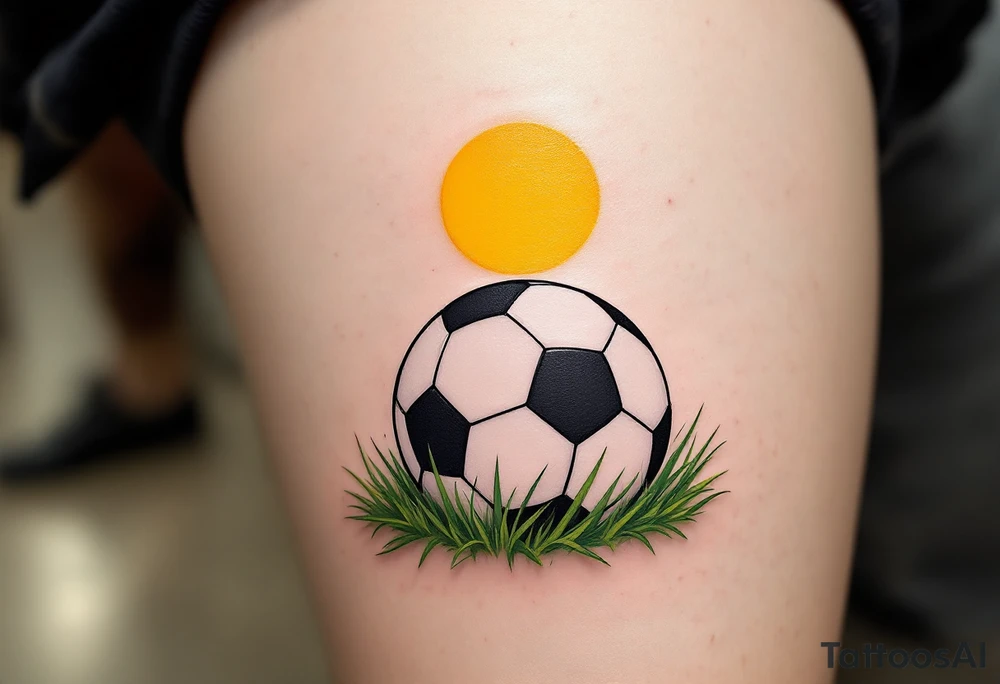 A detailed soccer ball resting on green grass with a bright yellow sun overhead. tattoo idea