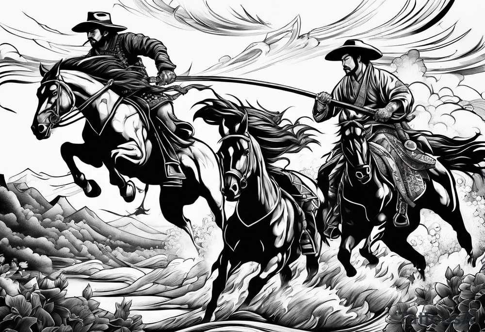 an American cowboy and a japanese samurai fighting each other in battle tattoo idea