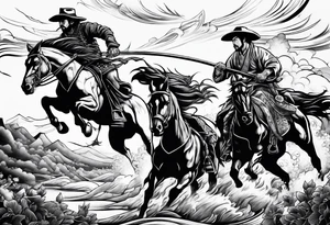 an American cowboy and a japanese samurai fighting each other in battle tattoo idea