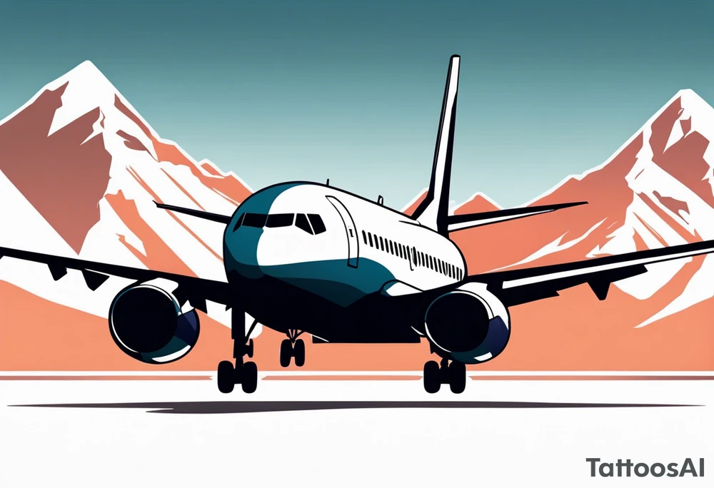 boeing 737 silhouette viewed from infront of the plane, and the silhouette is filled in with mountain scenery, and has a thin black lined border in an oblong diamond shape tattoo idea