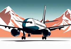 boeing 737 silhouette viewed from infront of the plane, and the silhouette is filled in with mountain scenery, and has a thin black lined border in an oblong diamond shape tattoo idea
