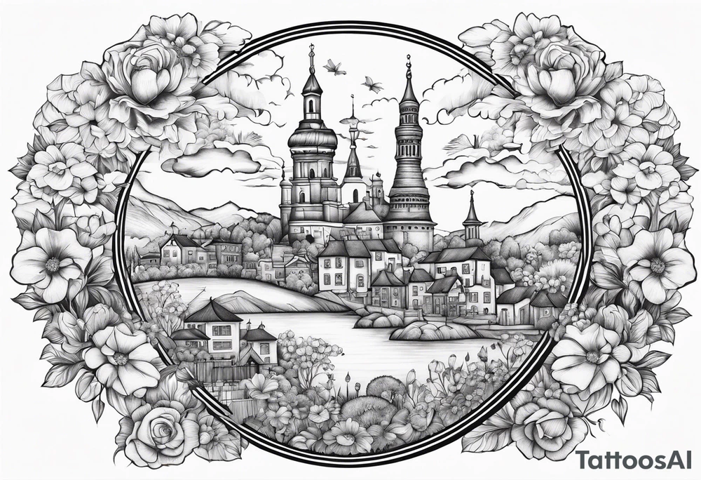 heaven town with tower houses
in circle vignette surrounded by clouds flowers tattoo idea
