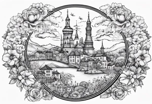 heaven town with tower houses
 in circle vignette surrounded by clouds flowers tattoo idea