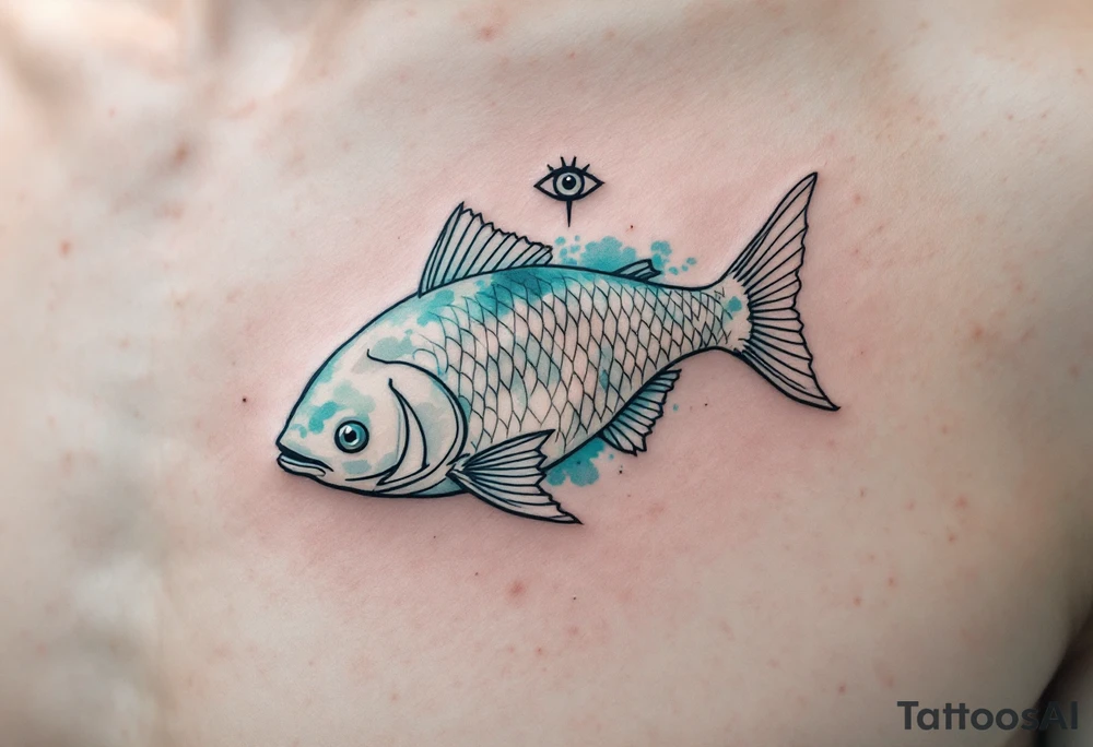 Spiritual River Catfish – A serene catfish with pearl-white and silver scales, its fins fading into soft watercolor washes of aqua and mint, floating beneath a spiritual eye symbol. tattoo idea