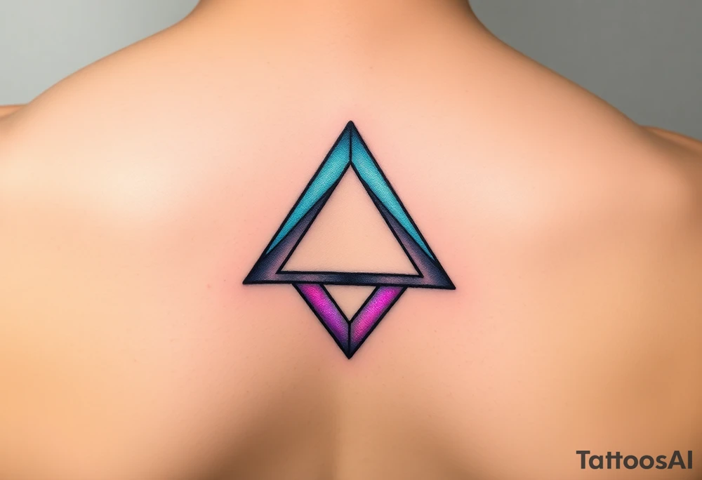 A fine line tattoo design on skin. An impossible Penrose triangle constructed from a faceted diamond cut structure. The facets of the diamond structure contain holographic, iridescent psychedelic gradients of purple, turquoise, and neon pink colors. Minimalist style, precise geometric lines, sacred geometry vibes, micro realism tattoo. tattoo idea