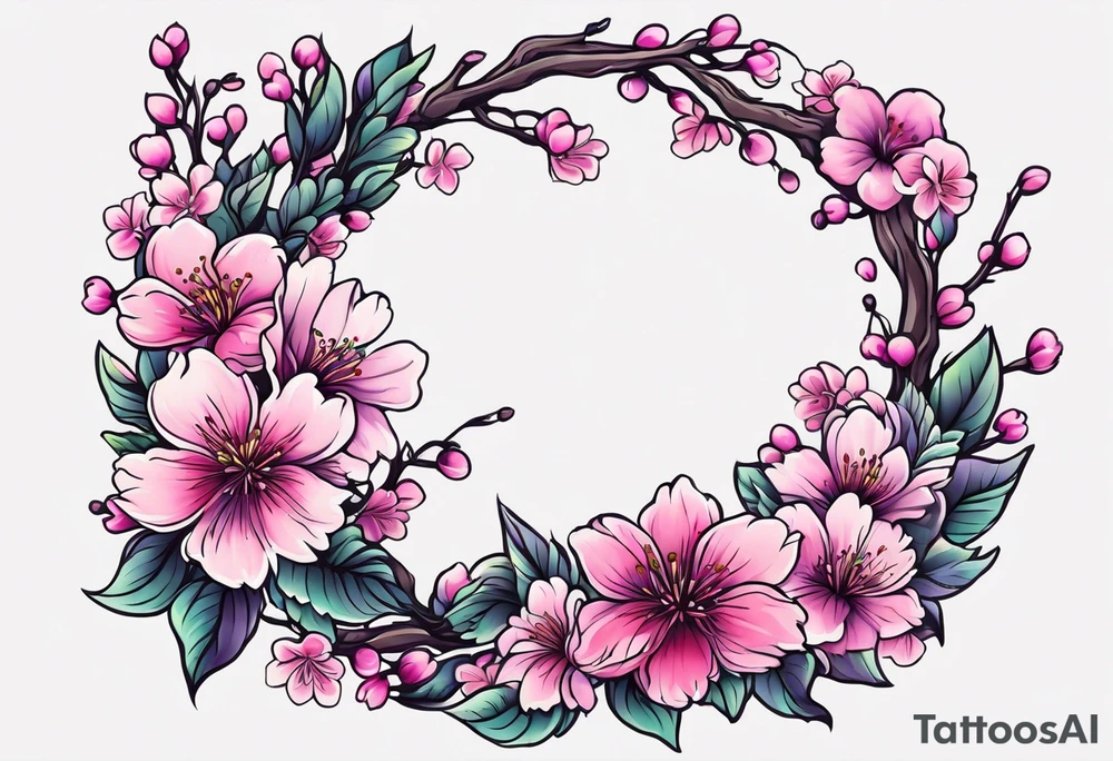 Flower wreath cherry blossoms pinks and purples tattoo idea