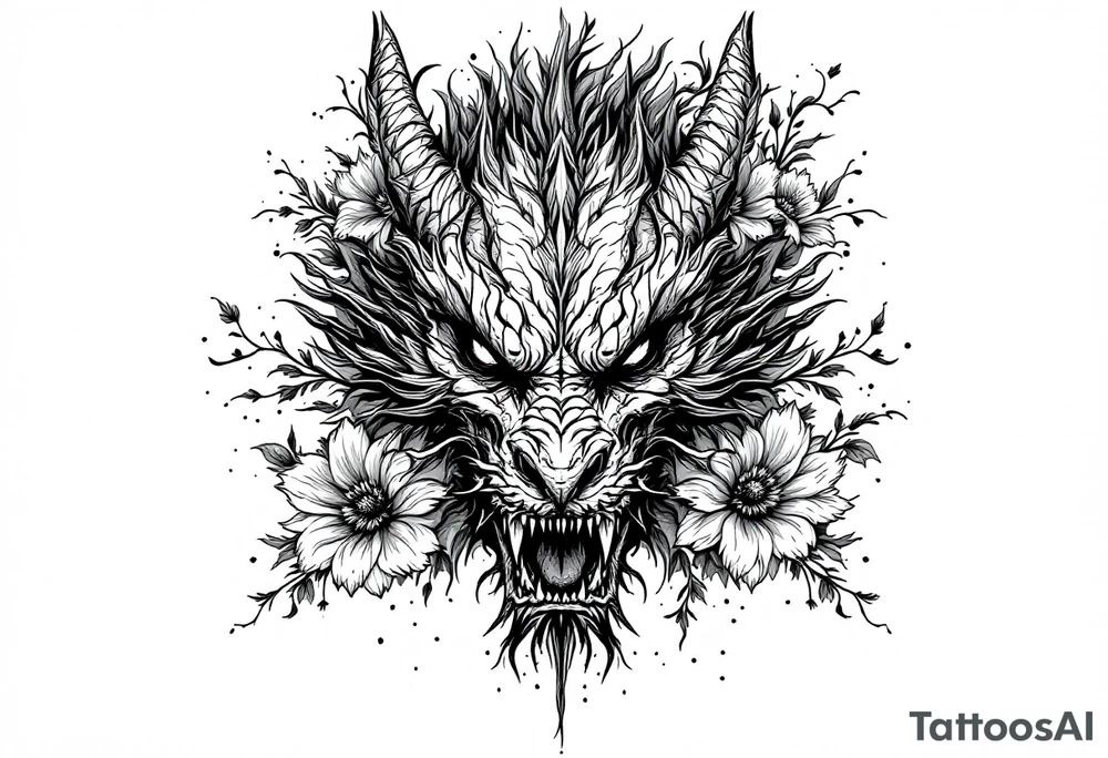 scary dragon face down with flowers tattoo idea