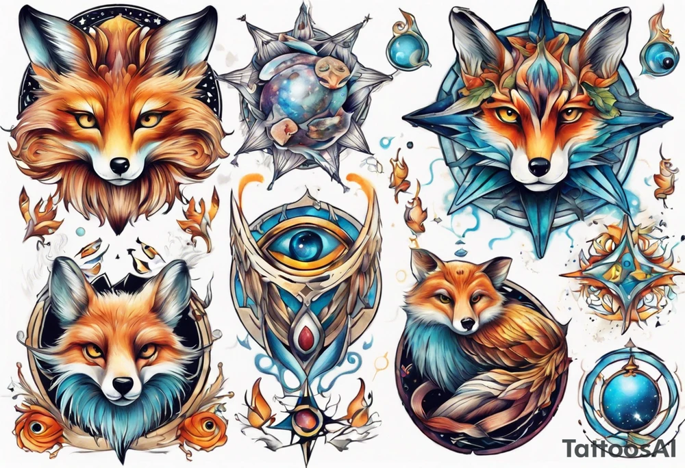 fisch, fuchs und eule , symetrie universum, bunt tattoo idea