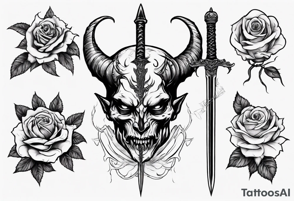 Demon with roses and sword tattoo idea