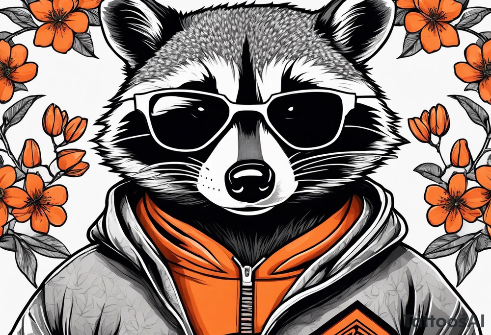 raccoon wearing a black and white Superman hoodie and orange Japanese cherry blossoms tattoo idea