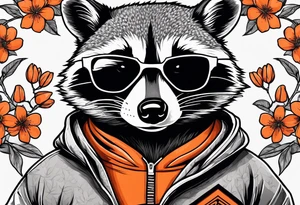 raccoon wearing a black and white Superman hoodie and orange Japanese cherry blossoms tattoo idea