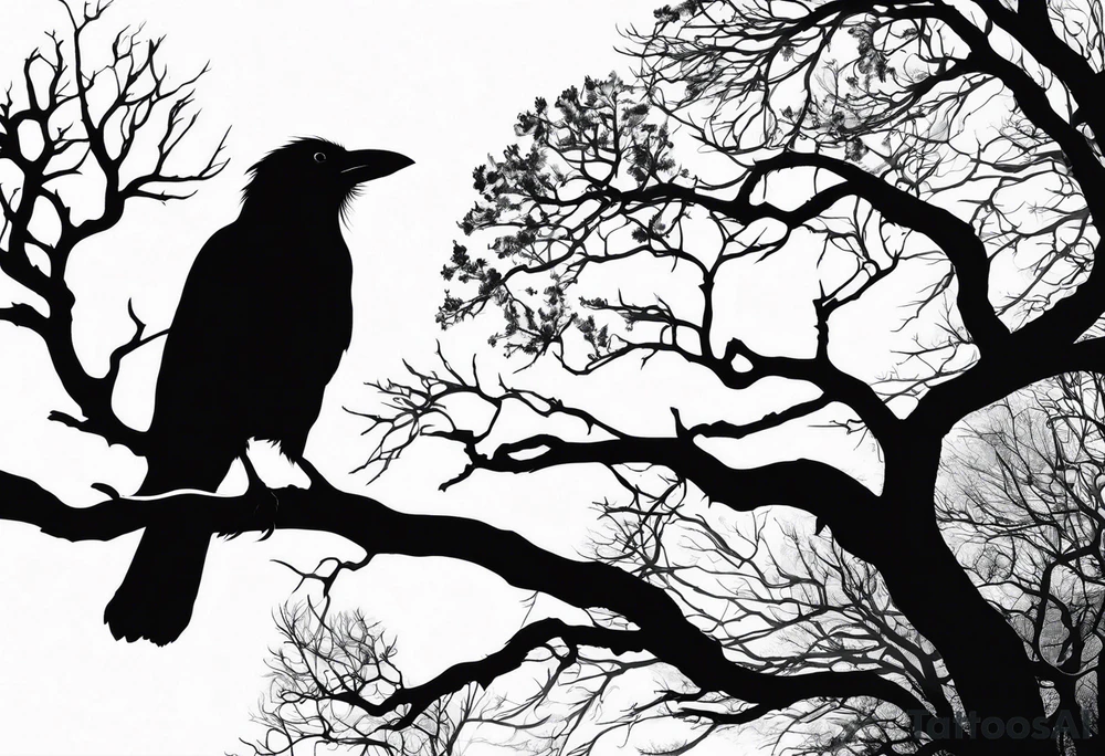 dead tree forming the silhouette of a hooded crow tattoo idea