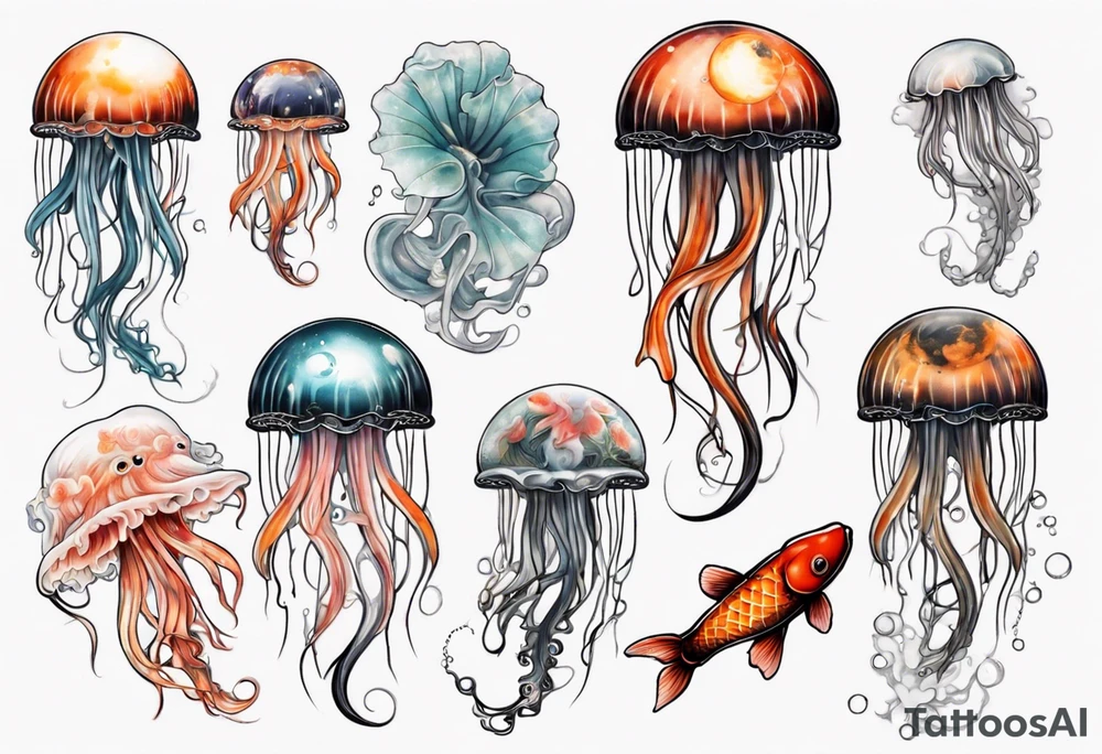 1 jellyfish with the moon in the lid. Then with mini koi carp and jellyfish swimming amongst the tentacles tattoo idea
