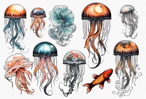 1 jellyfish with the moon in the lid. Then with mini koi carp and jellyfish swimming amongst the tentacles tattoo idea