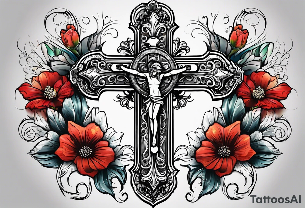 Cross with flowers tattoo idea