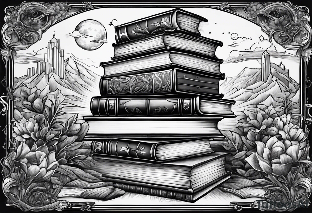 Stack of books surrounded by fantasy literary elements tattoo idea