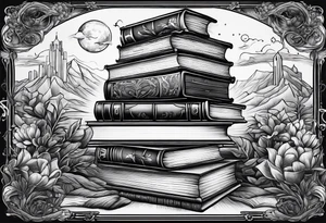 Stack of books surrounded by fantasy literary elements tattoo idea