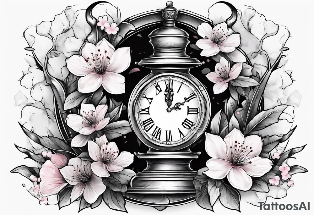 Dagger with hourglass and cherry blossom petals and shadow clock surrounding it tattoo idea