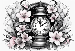 Dagger with hourglass and cherry blossom petals and shadow clock surrounding it tattoo idea