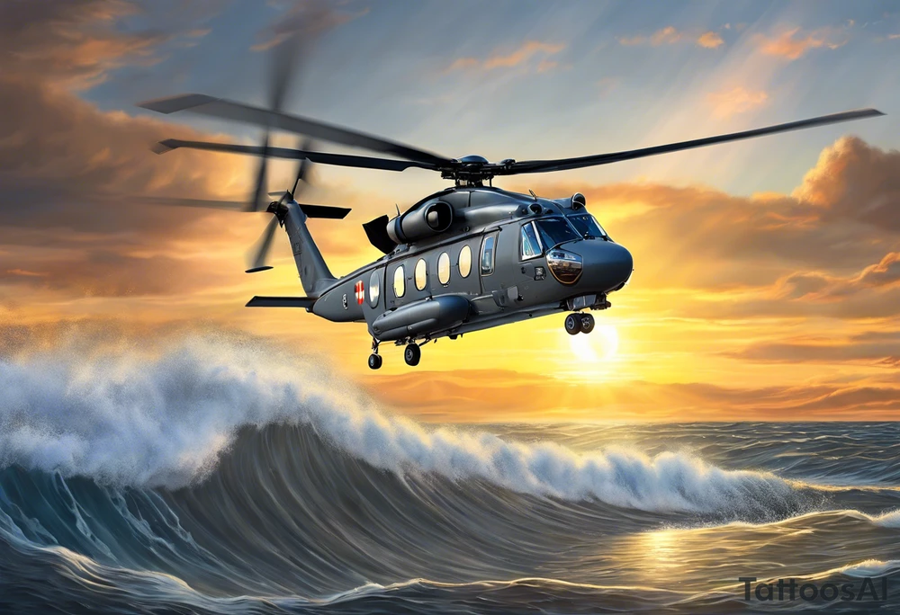 A detailed 4K drawing of a Canadian military grey CH-148 Cyclone helicopter soaring low over rough, ocean waves. The sun is setting, casting a dramatic glow on the scene. The background is highly detailed, with realistic clouds and a specular reflection of the helicopter on the water. Focus on the intricate details of the helicopter and the ruggedness of the ocean.In the background, a poppy should be prominently displayed, and a quote from 'Lest We Forget' should be included tattoo idea