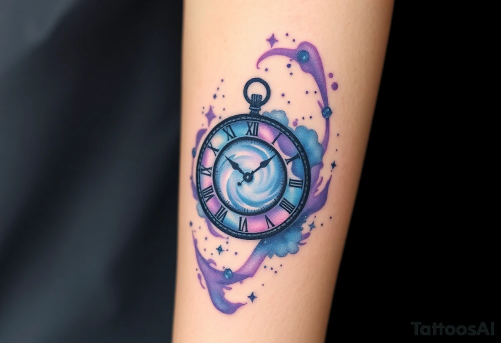 A clock made from swirling galaxies, symbolizing a love that was destined in the stars, in deep blues, purples, and silver tattoo idea