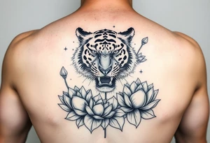 fierce tiger emerging through blooming lotus flowers in mist tattoo idea