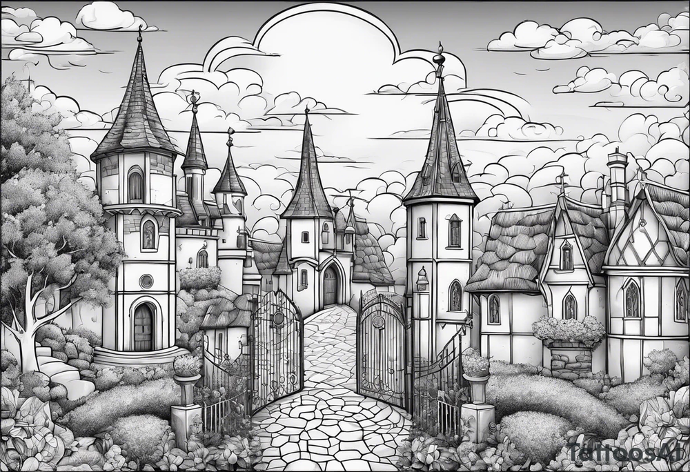 sky medieval town garden with towers small houses gate entrance
in rounded vignette surrounded by clouds tattoo idea