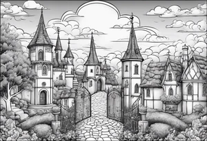 sky medieval town garden with towers small houses gate entrance 
 in rounded vignette surrounded by clouds tattoo idea