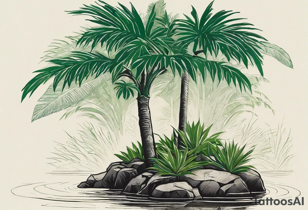 Tattoo: A striking Gachala emerald sits at the base of a tall quindio wax palm, which grows resiliently from cracks in rugged, rocky soil. The emerald is the main focal point, symbolizing strength and endurance, while the wax palm, rooted in the soil’s crevices, represents growth and resilience. A small water stream flows gently from the rocks, adding an element of life and nourishment. Style: Anime. tattoo idea